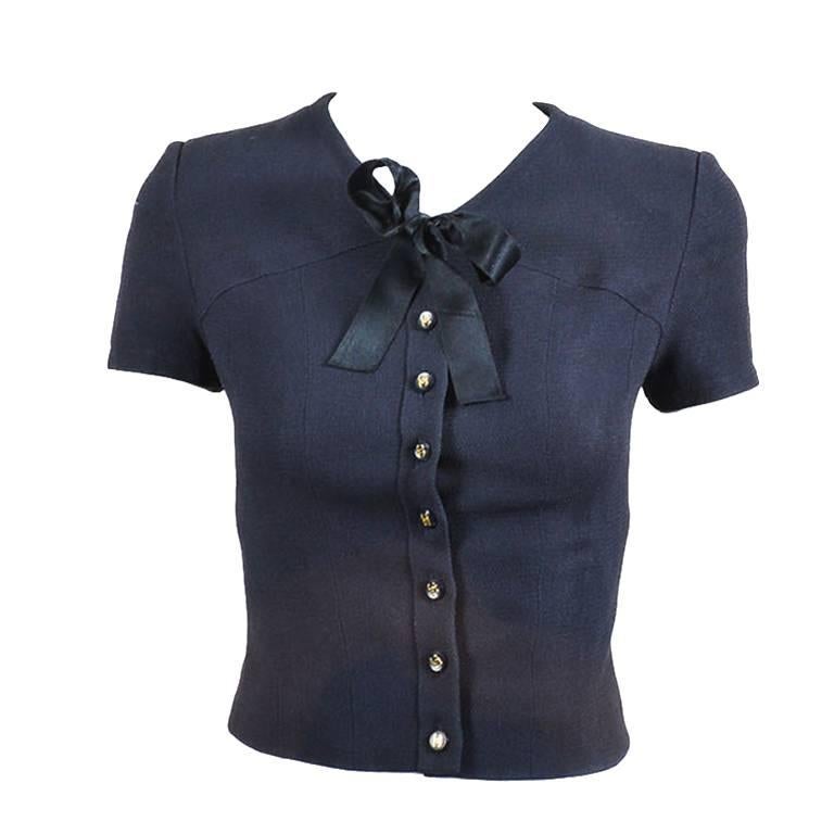 Vintage Chanel Spring 1995 Navy Cap Sleeve Woven Crepe "CC" Buttoned Bow Tie Top For Sale