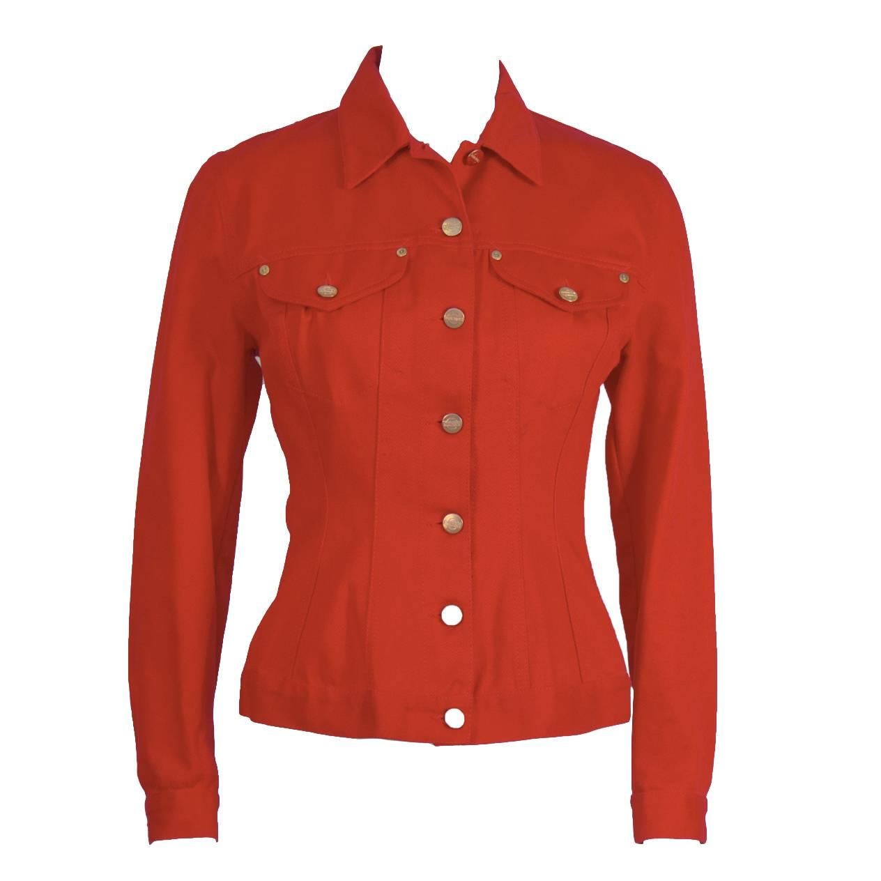 1980's Gaultier Red Denim Jean Jacket For Sale