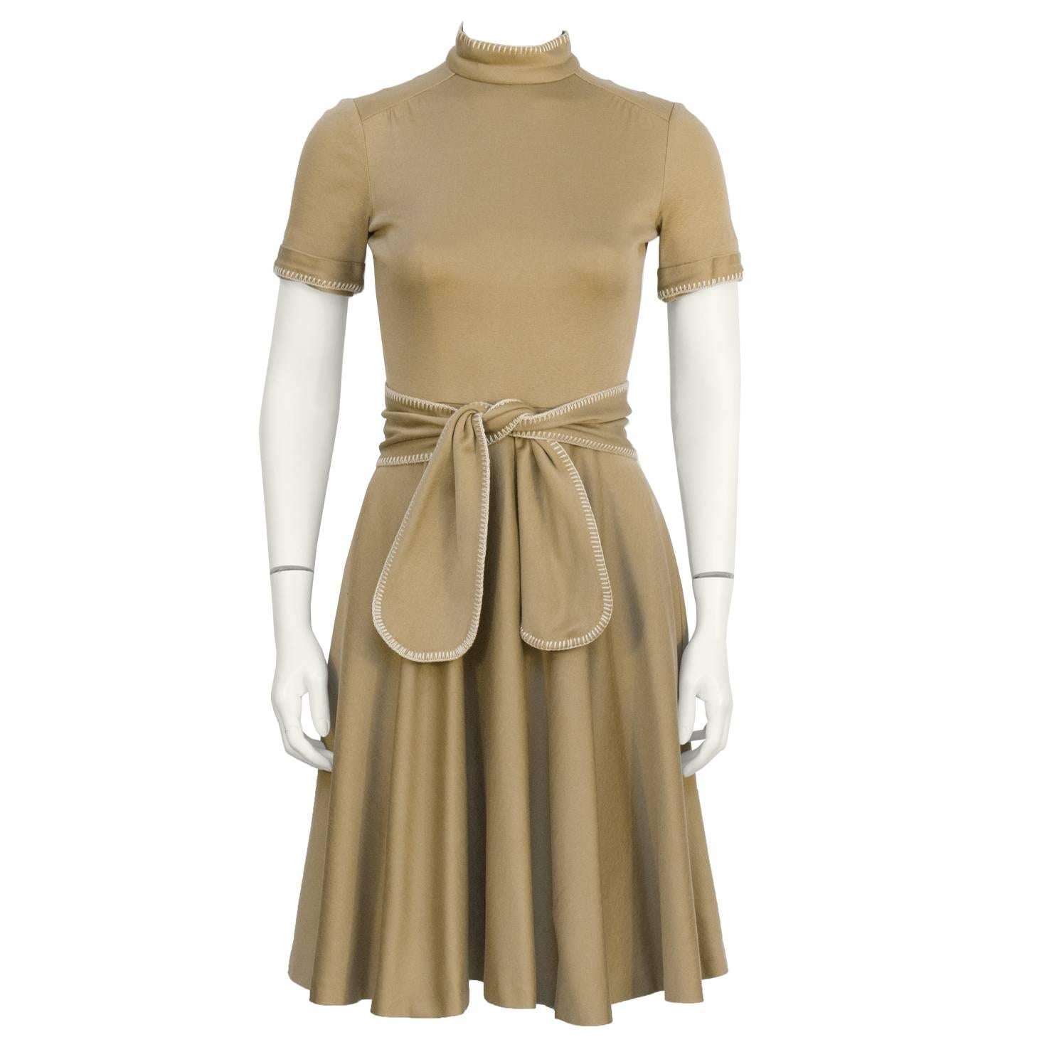 1970's Geoffrey Beene Brown Whipstitch Dress with Belt