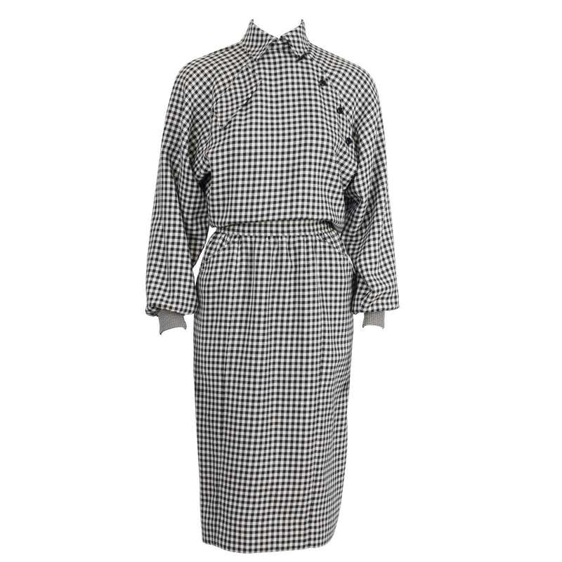 1980's Ungaro Black and White Houndstooth Wool Dress For Sale at 1stDibs