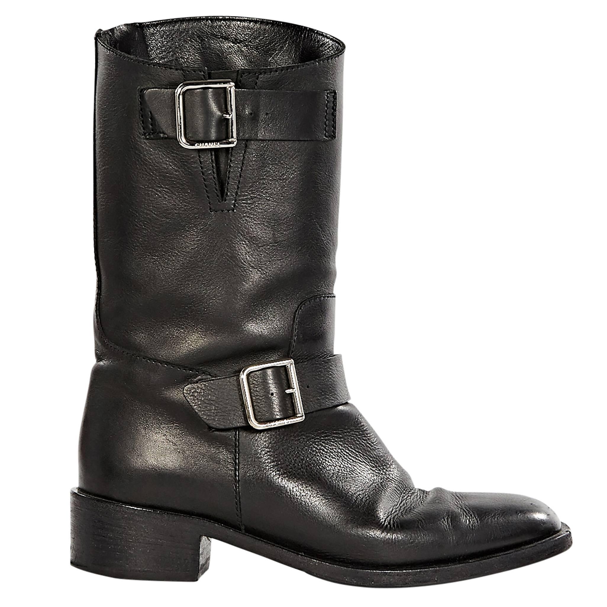 Black Chanel Leather Moto Boots