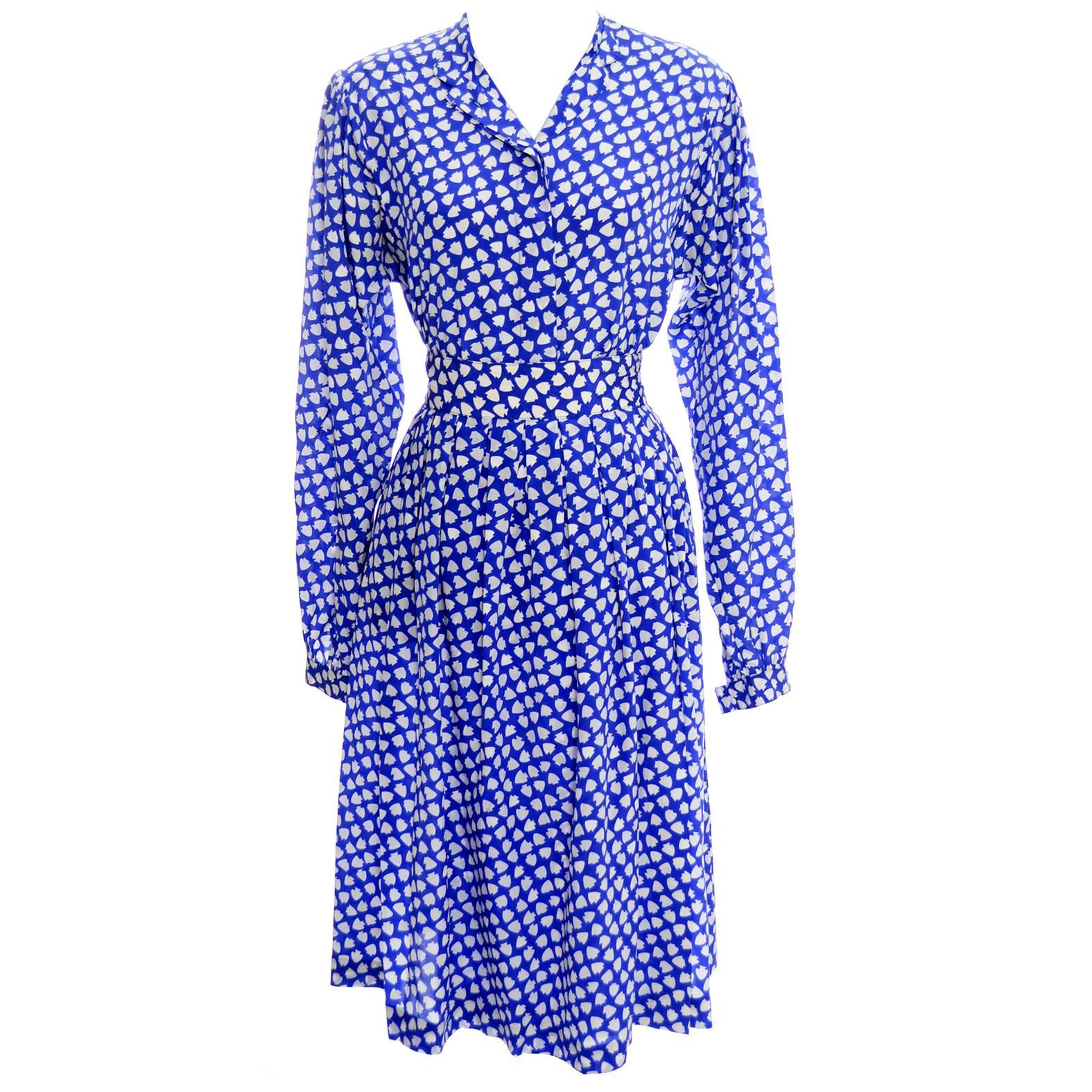 Vintage Ferragamo Blue 2 piece Skirt & Blouse Silk Dress Spades Novelty Print 