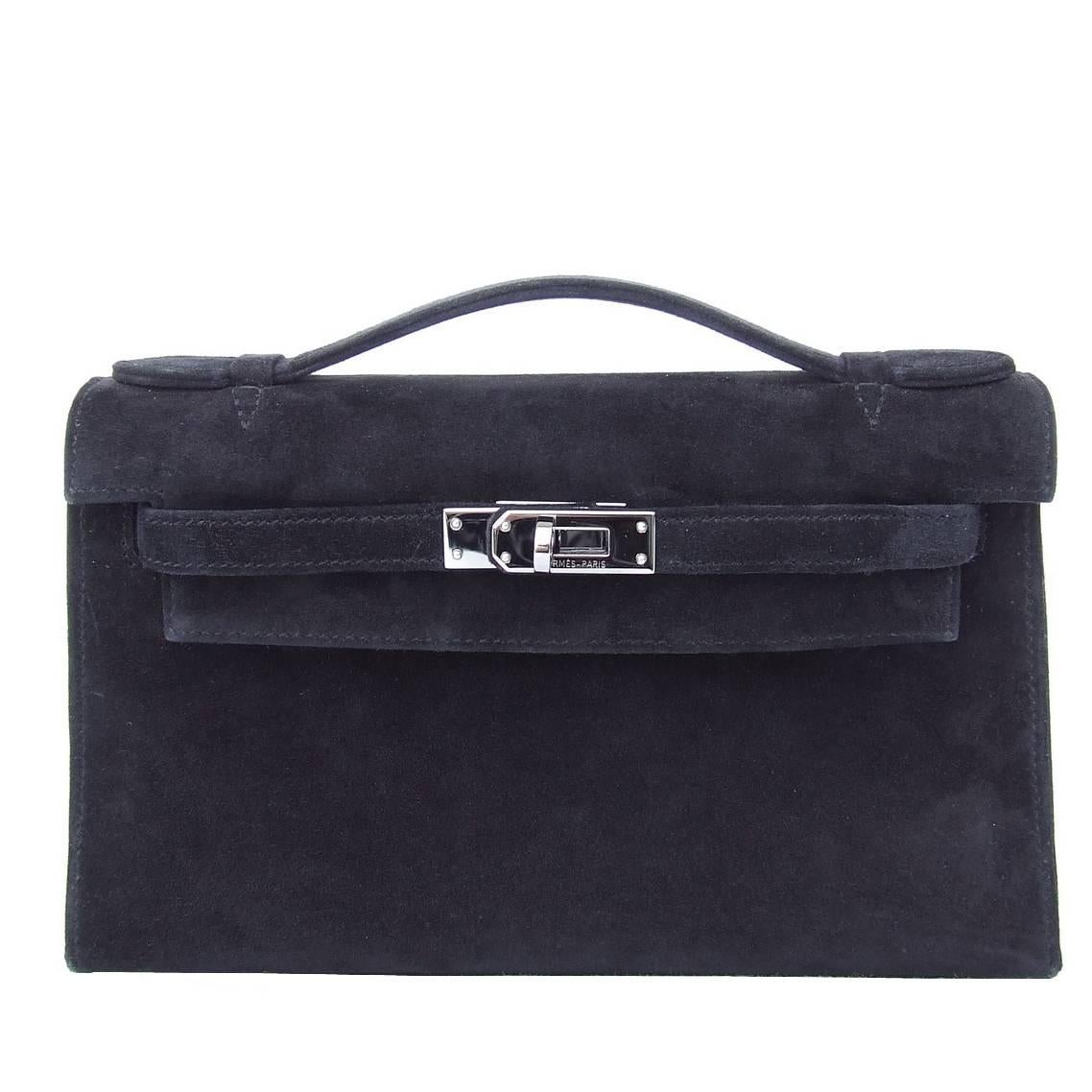 Hermes Kelly Pochette Handbag Black Doblis Suede Plus Eraser