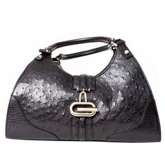 Gucci Black Ostrich Sherry Bag with Gold-Tone Hardware