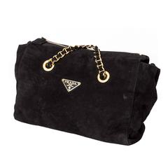 Prada Retro Black Suede Double Chain Handle Shoulder Bag