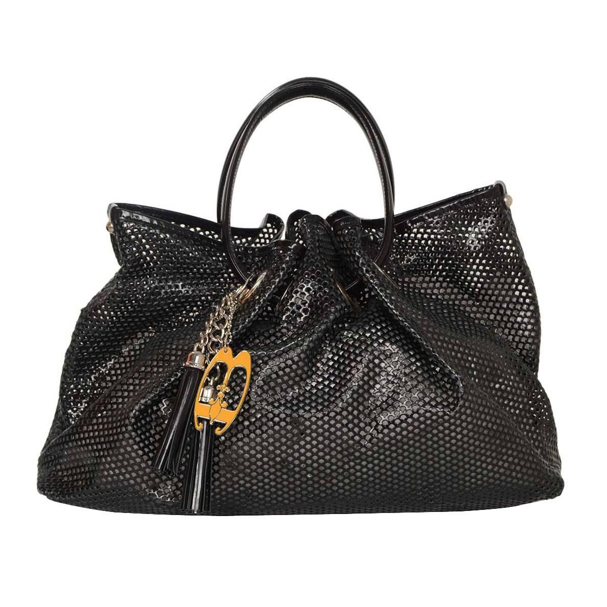 Braccialini Black Perforated Leather Gathered Tote Bag SHW