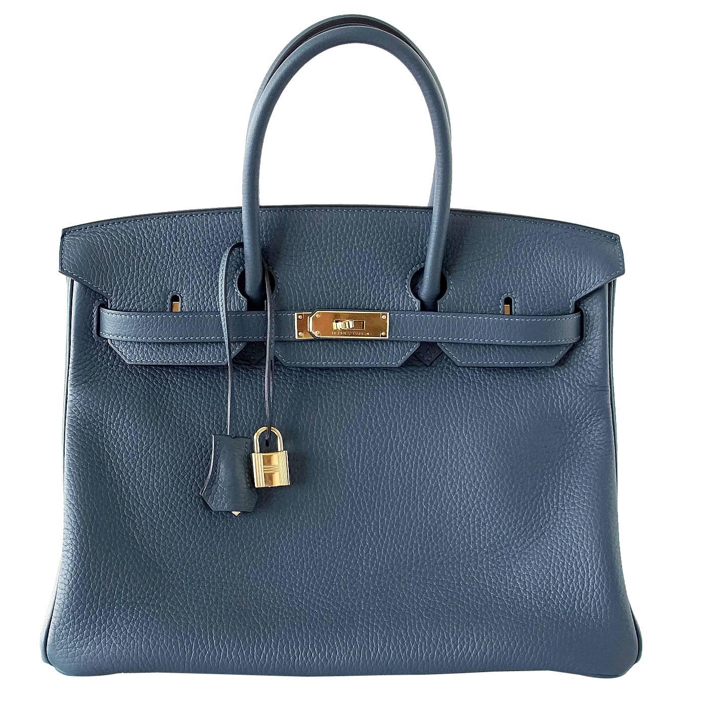 HERMES BIRKIN 35 Bag Blue Colvert Clemence Gold Hardware   