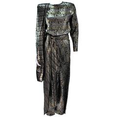 RON LEAL Metallic Lame Bronze Ensemble with Scarf & Wrap Size 6-8 2