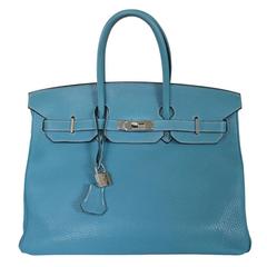 Hermes Blue Jean Birkin 35 Palladium Hardware "N" Stamp Togo Leather Handbag