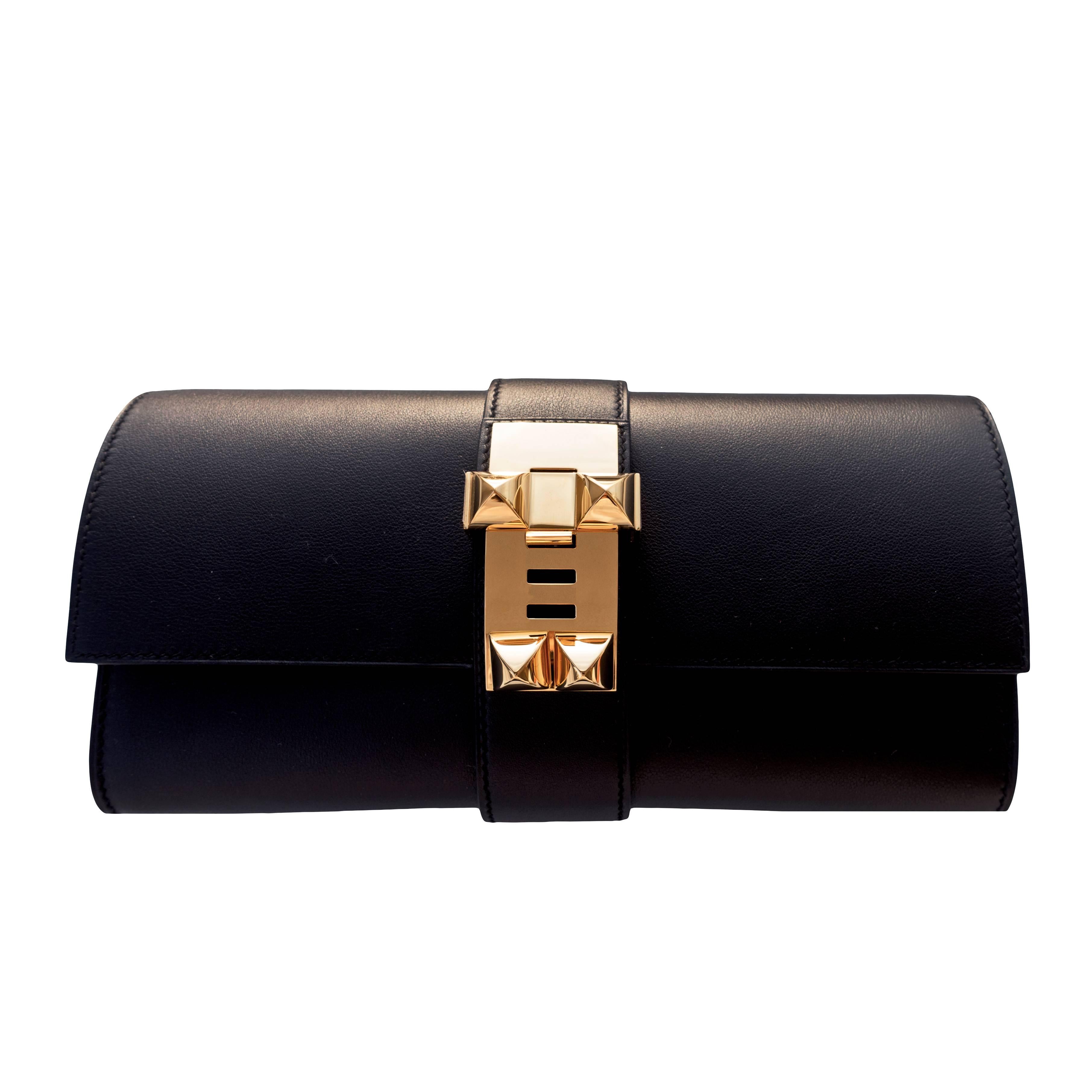 Hermes Black Medor Pochette 23cm Clutch Gold Hardware Bag Elegant