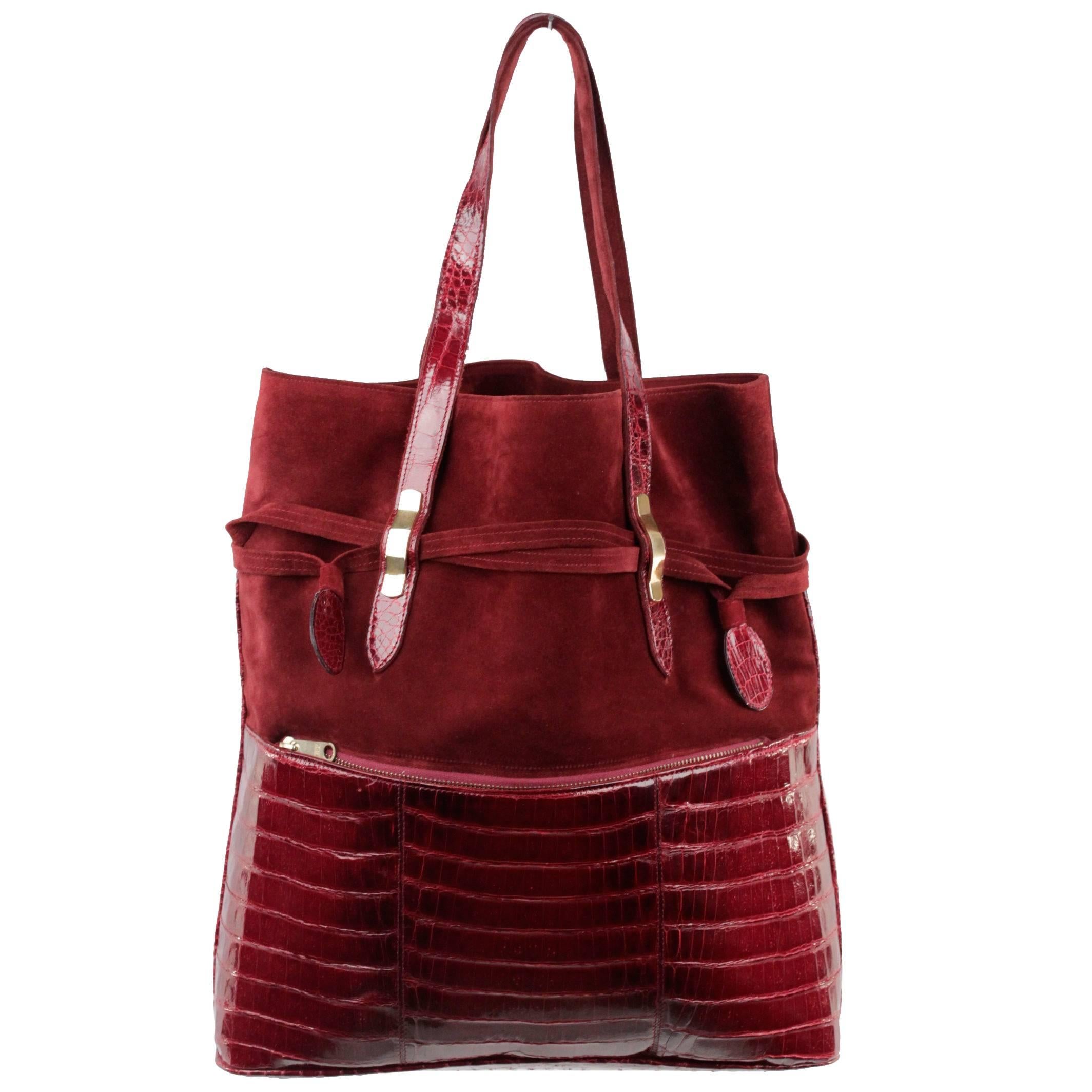 VINTAGE Burgundy Suede & Crocodile TOTE Shoulder Bag SHOPPING BAG