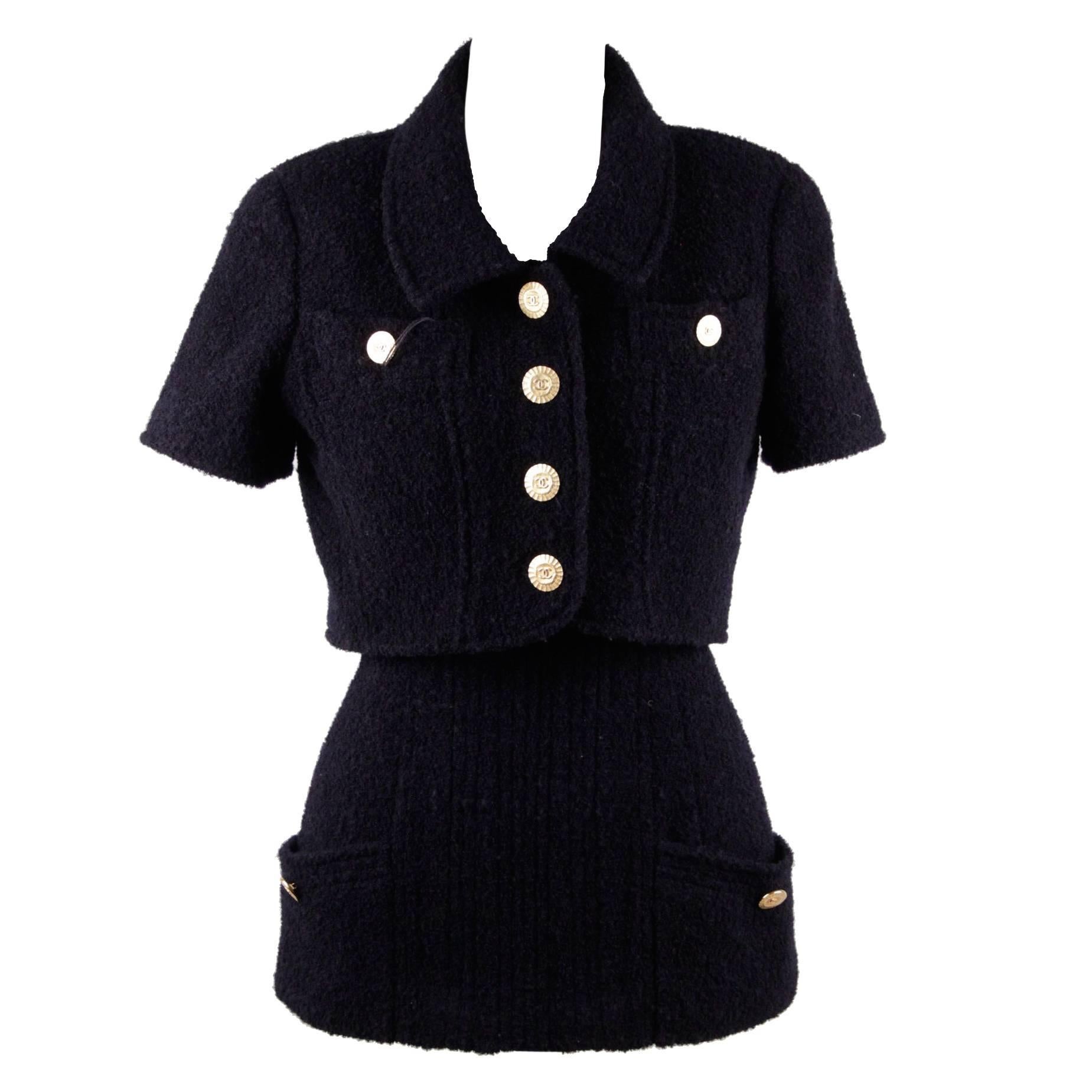 CHANEL Vintage 1993 GIACCA E TOP IN LANA blu con cinghie a catena TAGLIA 38