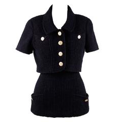 CHANEL Vintage 1993 Blau Wollmischung CROPPED JACKET & TOP mit Krawattenriemen GRÖSSE 38