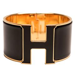Hermes Black on Black Enamel H Clic Clac H Extra Wide Enamel Bracelet GM