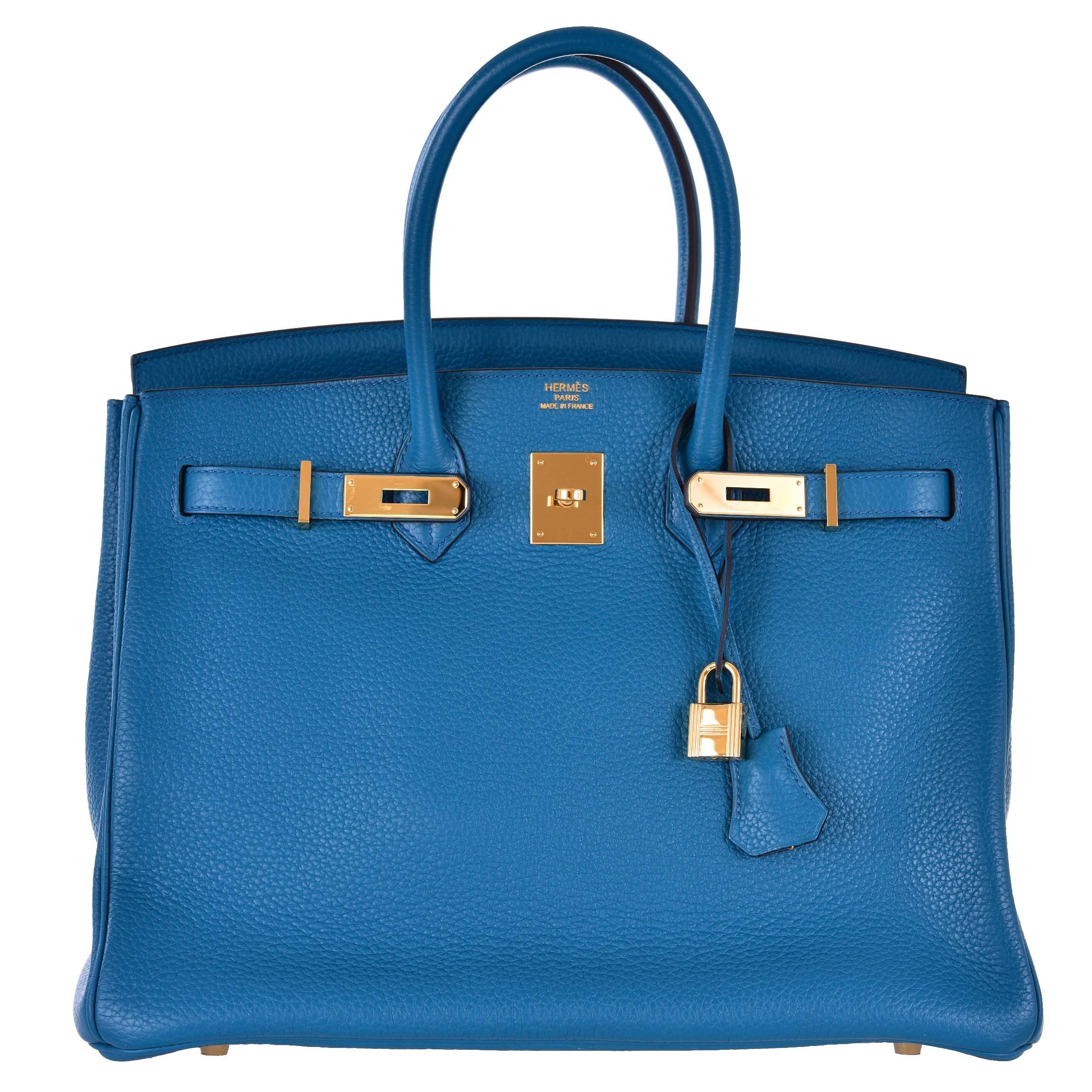 Hermes 35cm Birkin Bag Blue Izmir Togo Gold hardware JaneFinds at 1stDibs