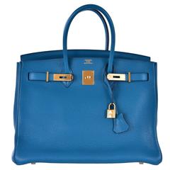 Hermes 35cm Birkin Bag Blue Izmir Togo Gold hardware JaneFinds