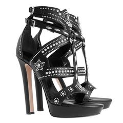 Alexander McQueen NEU Schwarz Leder Silber Nieten Plateau Sandalen High Heels