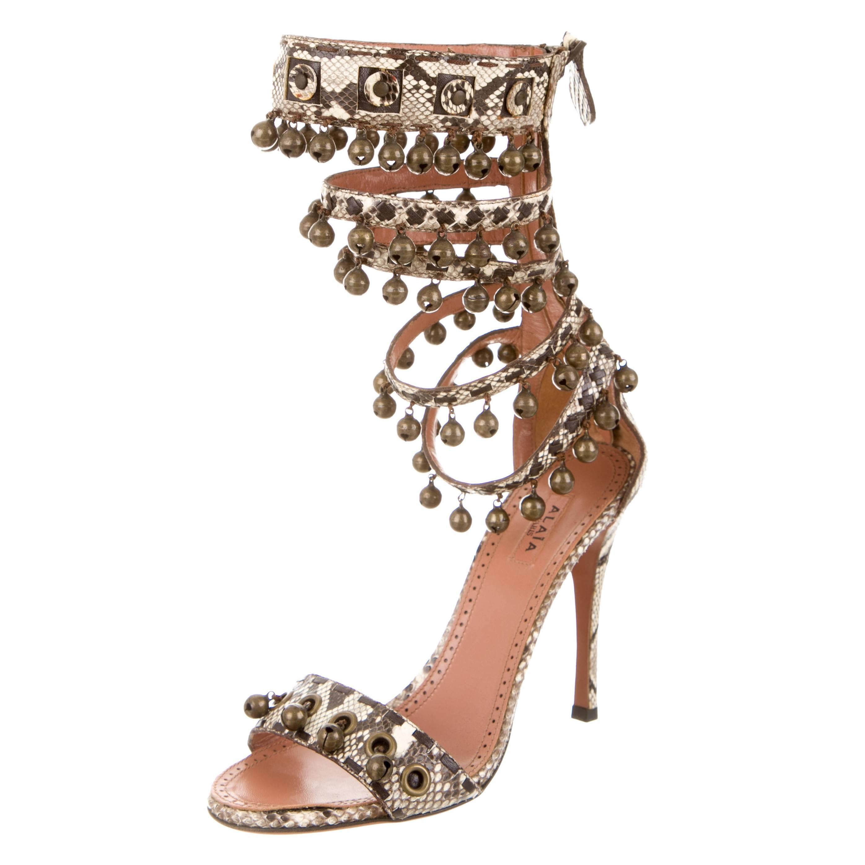 Alaia NEW and SOLD OUT Snakeskin Nude Brown Metal Bells High Heels Sandals