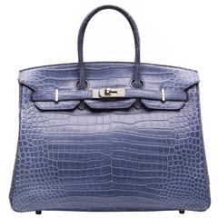 Hermes Brighton Blue Matte Crocodile 35cm Birkin Bag