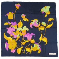 Vintage CHRISTIAN DIOR Navy Yellow Mint & Purple Floral Silk Scarf