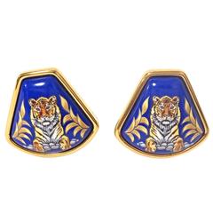 MINT. Vintage Hermes cloisonne golden earrings with tiger design in blue. Fan 