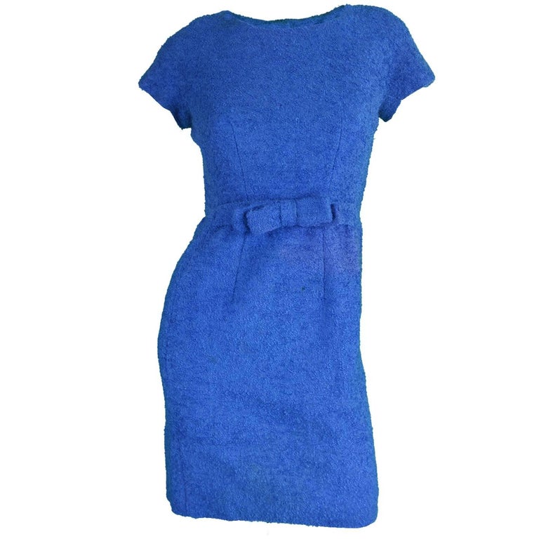 Vintage 1960's Jacques Heim Blue Boucle Wool Wiggle Dress For Sale