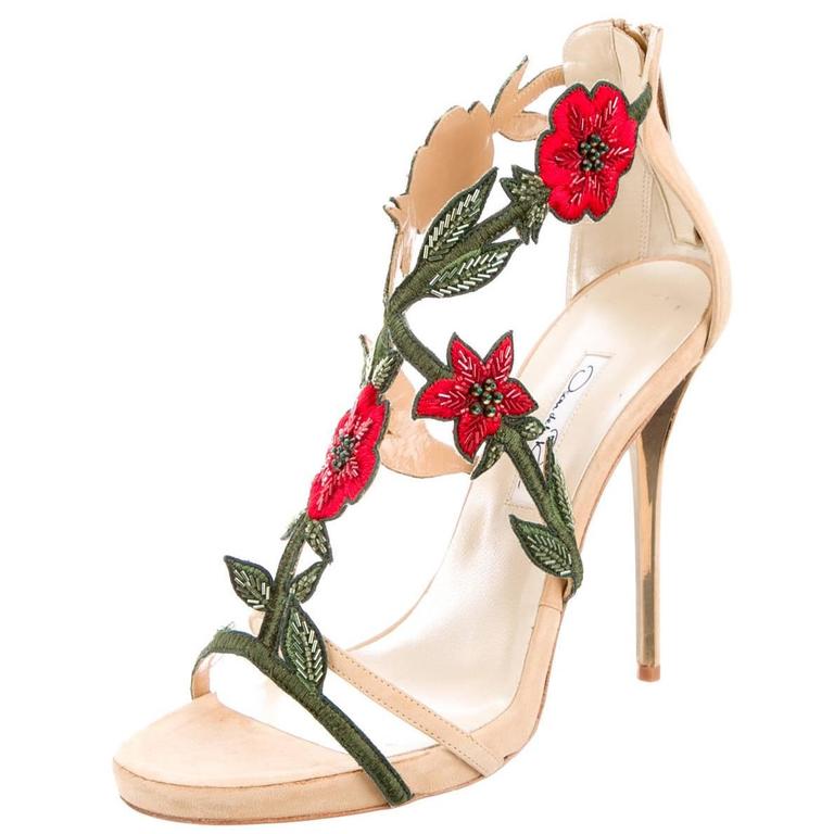 Oscar de la Renta NEW Nude Red Green Flower Embellished High Heels ...