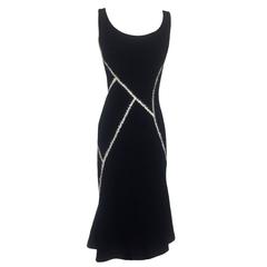 Alexander McQueen Black Pieced Flare Midi Dress with White Stitch Details, 2004