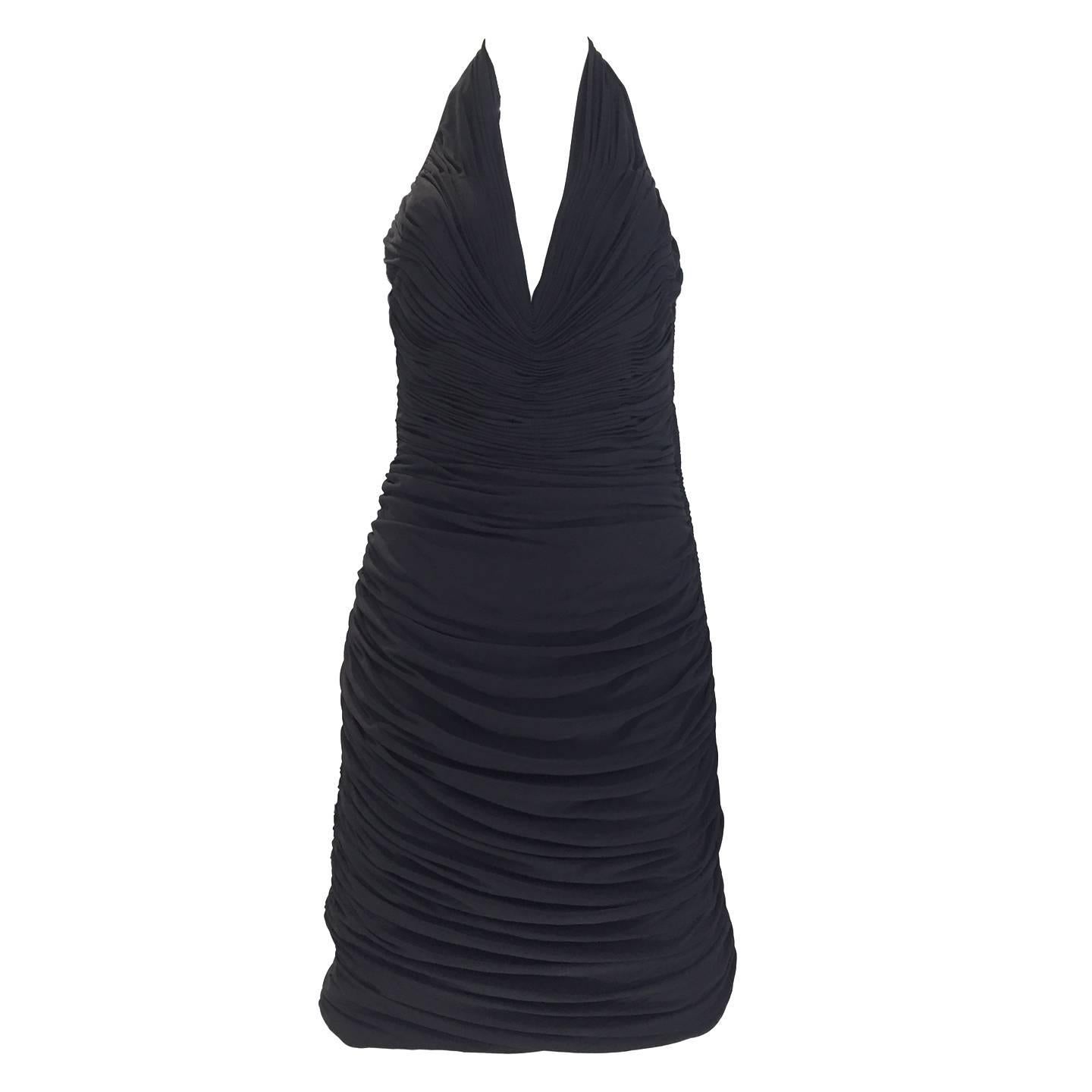 1970's Vicky Tiel Black Ruched Silk Halter Wiggle Cocktail Dress at 1stDibs