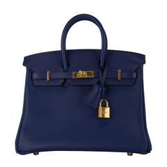 Hermes Handbag Birkin 25 Swift Leather 73 Blue Saphir Gold Hardware 2015.