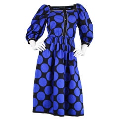 1980s Vintage Louis Feraud Black & Blue Puff Sleeve Dress with Polka Dot Print