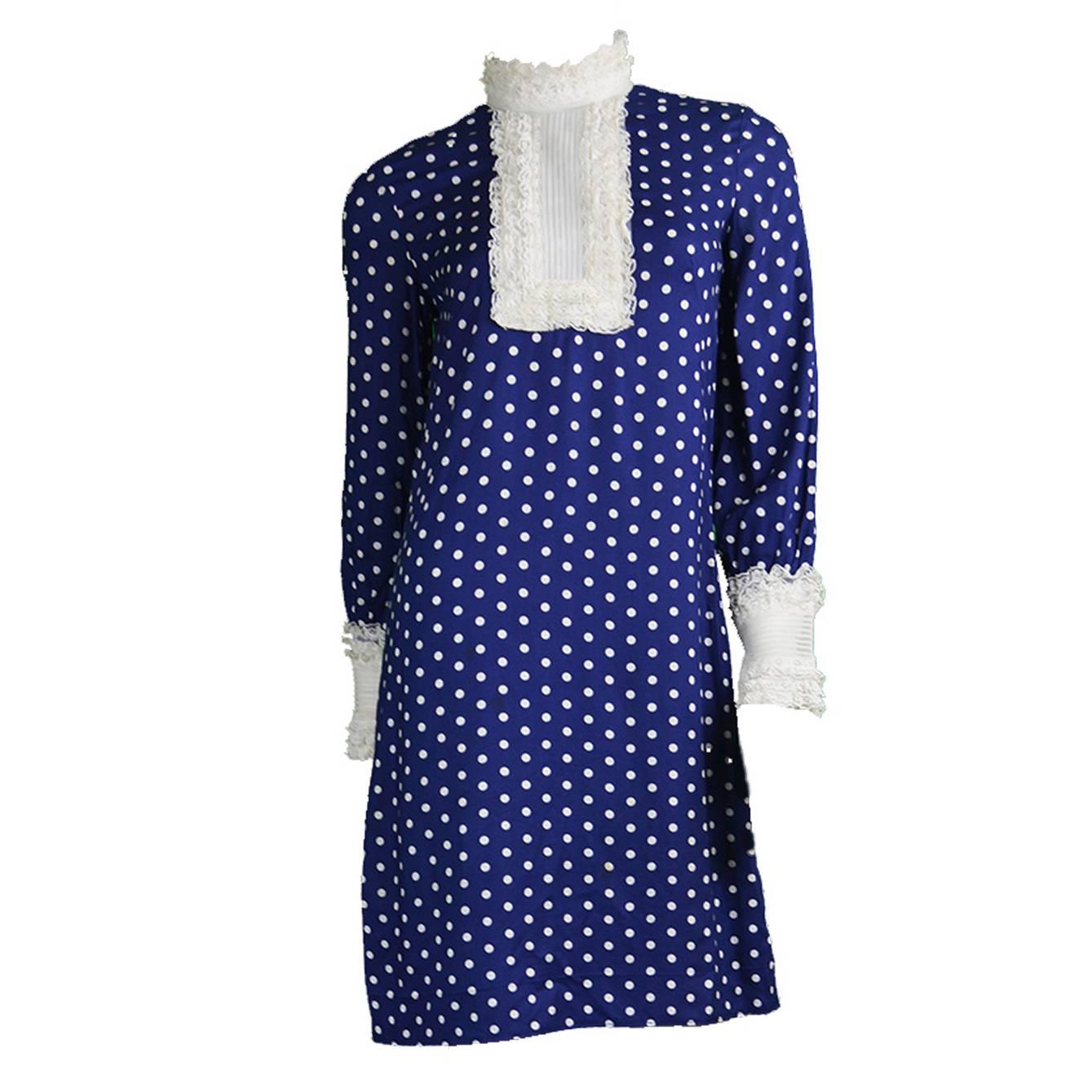 Vintage 1960s Jean Varon Blue & White Polka Dot Mod Shift Dress