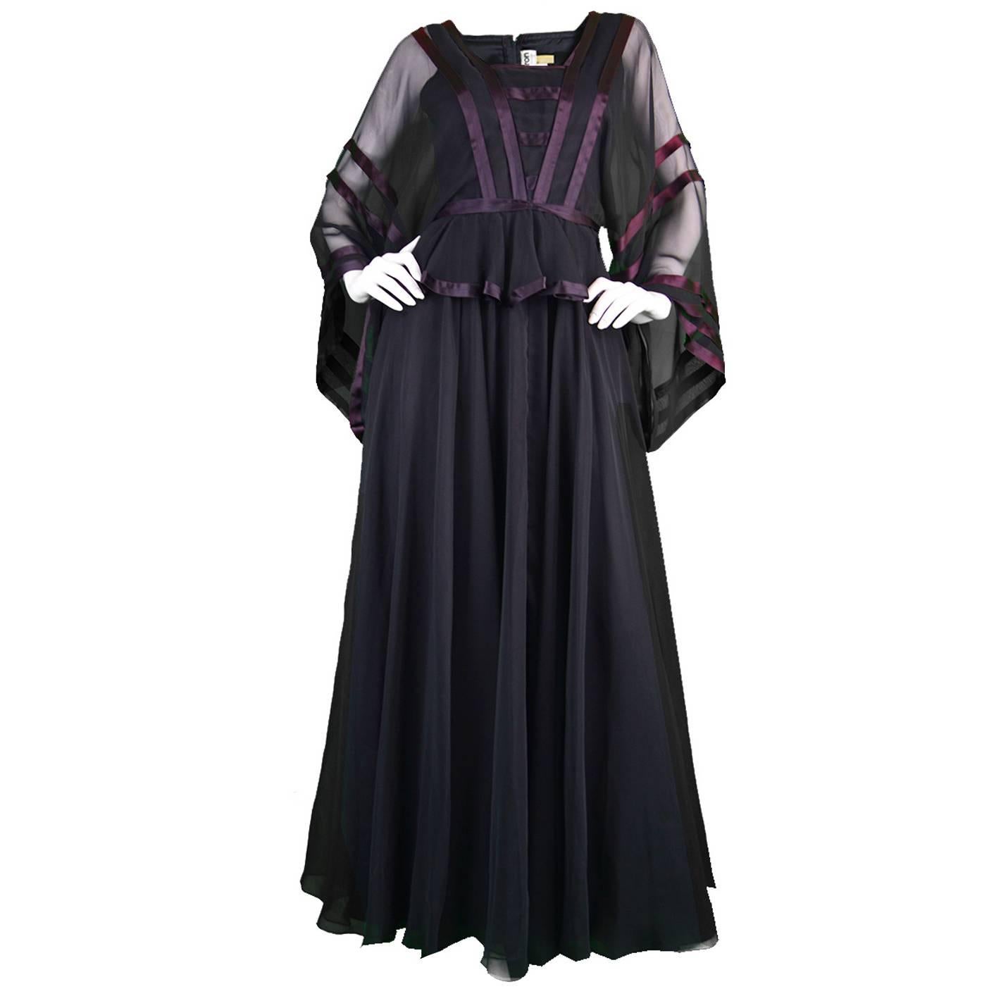 Jean Varon Vintage Black Chiffon Evening Gown, 1970s  For Sale