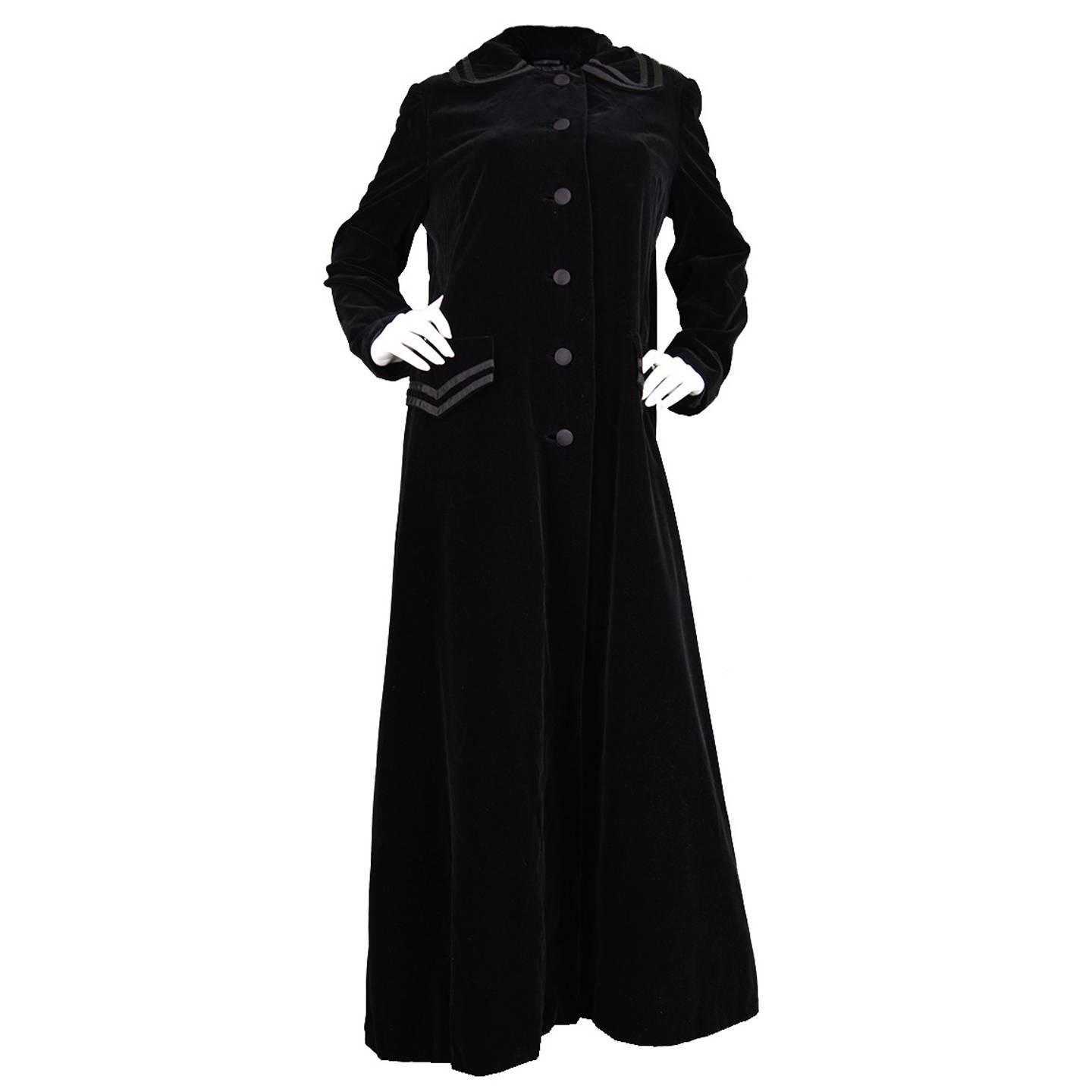 Vintage 1960s Louis Feraud Long Black Velvet Maxi Swing Coat For Sale