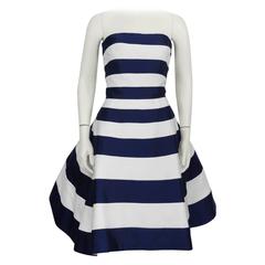 1980's Victor Costa Navy and White Strapless Cocktail Dress 3