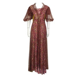 1940's Anonymous Paisley Gown with Maroon Net Overcoat