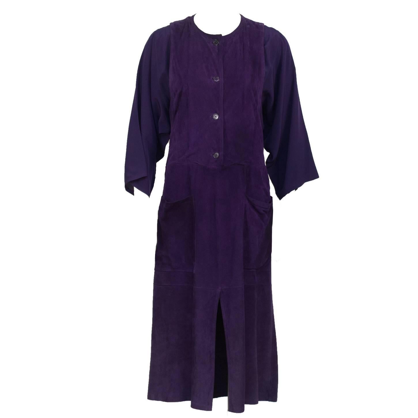 1970's Plum Suede and Rayon Crepe Dress  For Sale