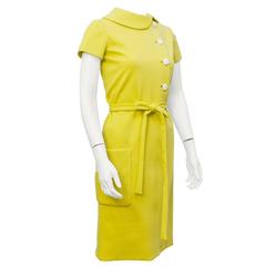Vintage 1960's Norell Yellow Knit Jersey Button Up Dress