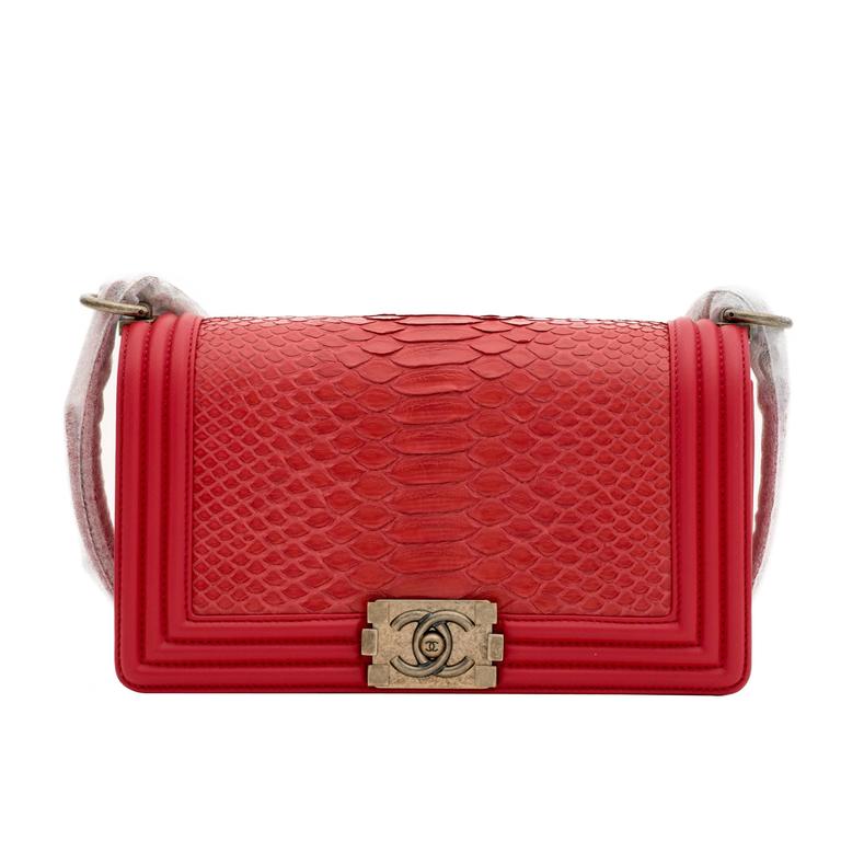 Chanel Python Old Medium Boy Flap Bag in Red at 1stDibs