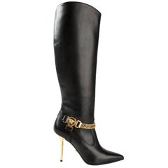 New Versace Black Leather Medusa Knee High Boots