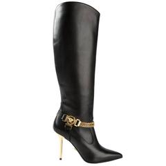 New Versace Black Leather Medusa Knee High Boots 6