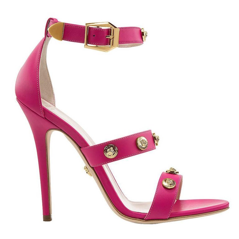 New VERSACE HOT PINK LEATHER SIGNATURE MEDUSA STUDDED SANDALS Sz 35 For
