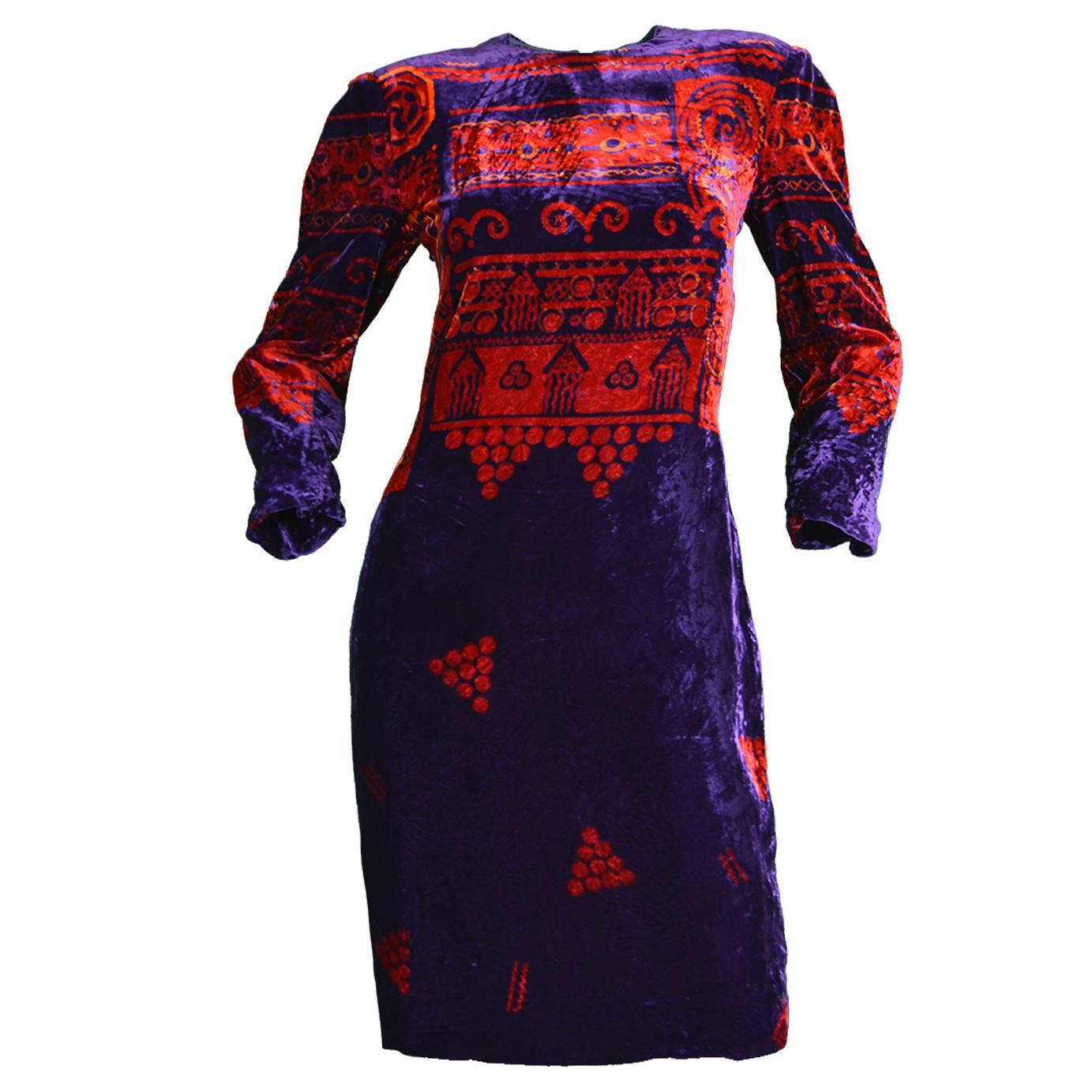 Vintage 1980s Zandra Rhodes Printed Crushed Velvet Party Dress in Deep Purple