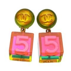 Chanel RARE Vintage Pink Yellow Green Gold No. 5 CC Cube Drop Earrings in Box