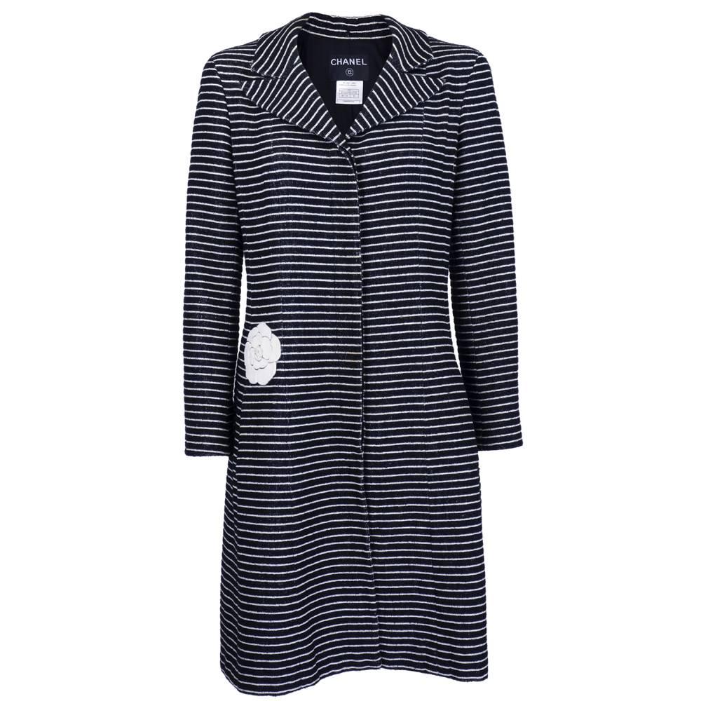 Chanel Lightweight Striped Overcoat with signature Camellia