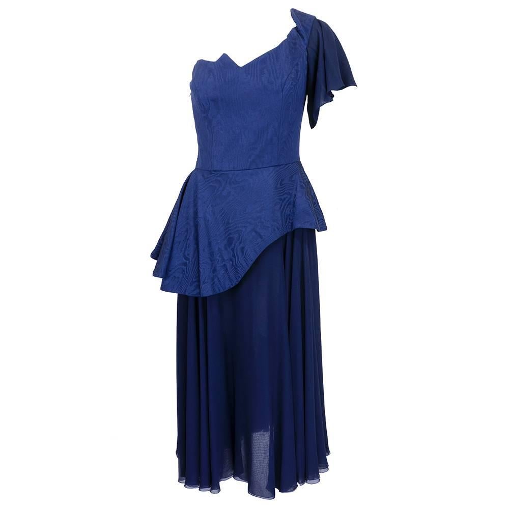 1980s Lanvin Blue One Shoulder Cocktail Dress For Sale