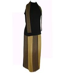 Rudi Gernreich Black + Gold Metallic Knit Top, Maxi Skirt + Sash 3pc Set 1970s 1