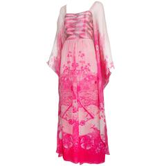 1970's Hanae Mori Couture Pink Chiffon Beaded Floral Print Evening Gown 3