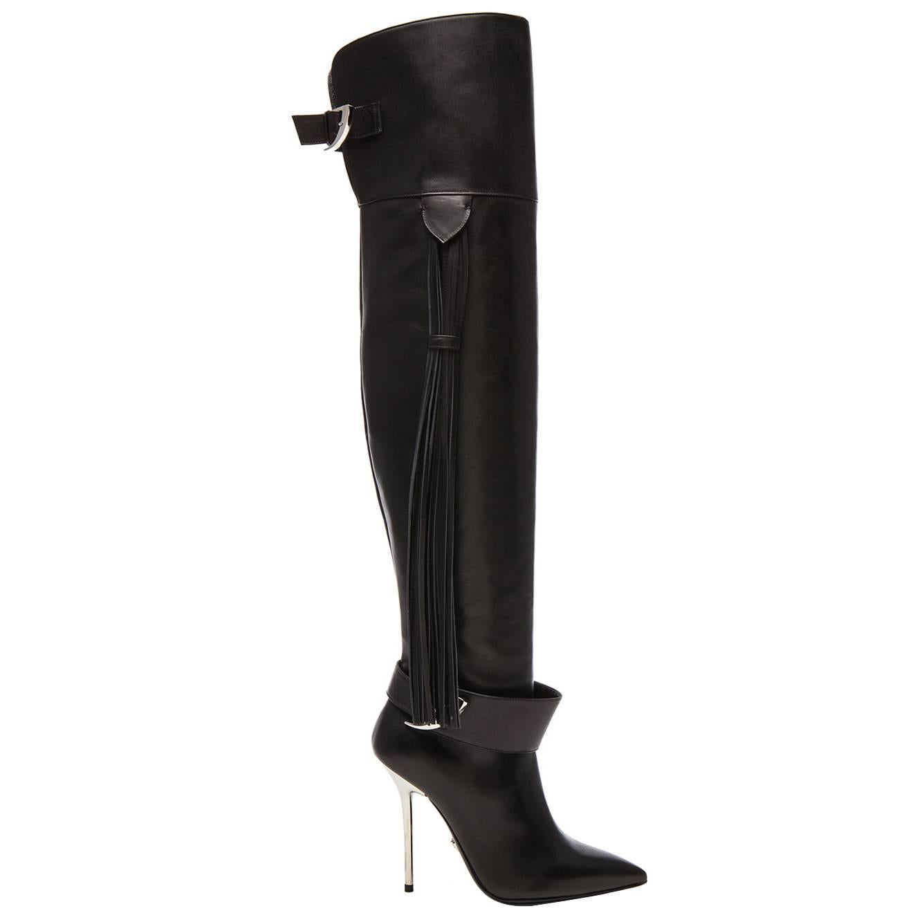 Pre-Fall/14 L#9 VERSACE BLACK LEATHER OVET-the-KNEE Boots with TASSELS 35, 36, 39