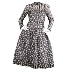 Vintage 1980s Hardy Amies Couture Flocked Silk Chiffon Dress with Drop Waist 12